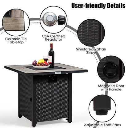 30'' Square Propane Gas Fire Pit Table Ceramic Tabletop 50,000 BTU with Cover