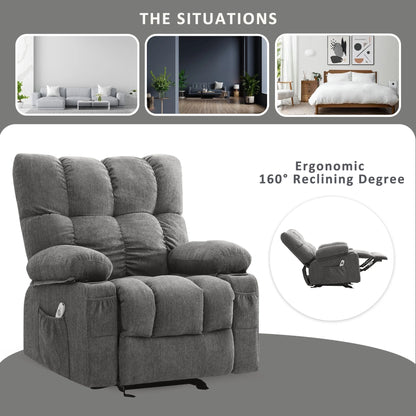 Manual Recliner Chair with Heat Therapy and Massage Function, Heavy Duty Reclining Mechanism Massage Chair, Elderly Single Rocker Sofa with Cup Holders for Bedroom Home Theater,Grey