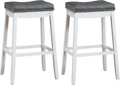Bar Stools Set of 2, 29-Inch Height Backless Counter Stool with Footrest, Soft Seat Cushion, Wood Legs and Non-Slip Foot Pad, Saddle Stools for Home Kitchen Living Room, Stone Gray+White