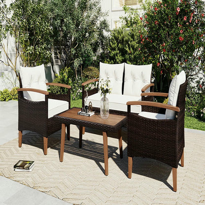 4-Piece Patio Seating Set, Patio Furniture Set, Patio Furniture Set, Wicker Garden Furniture with Wood Table and Legs, PE Rattan Outdoor Sofa Set for Balcony, Beige
