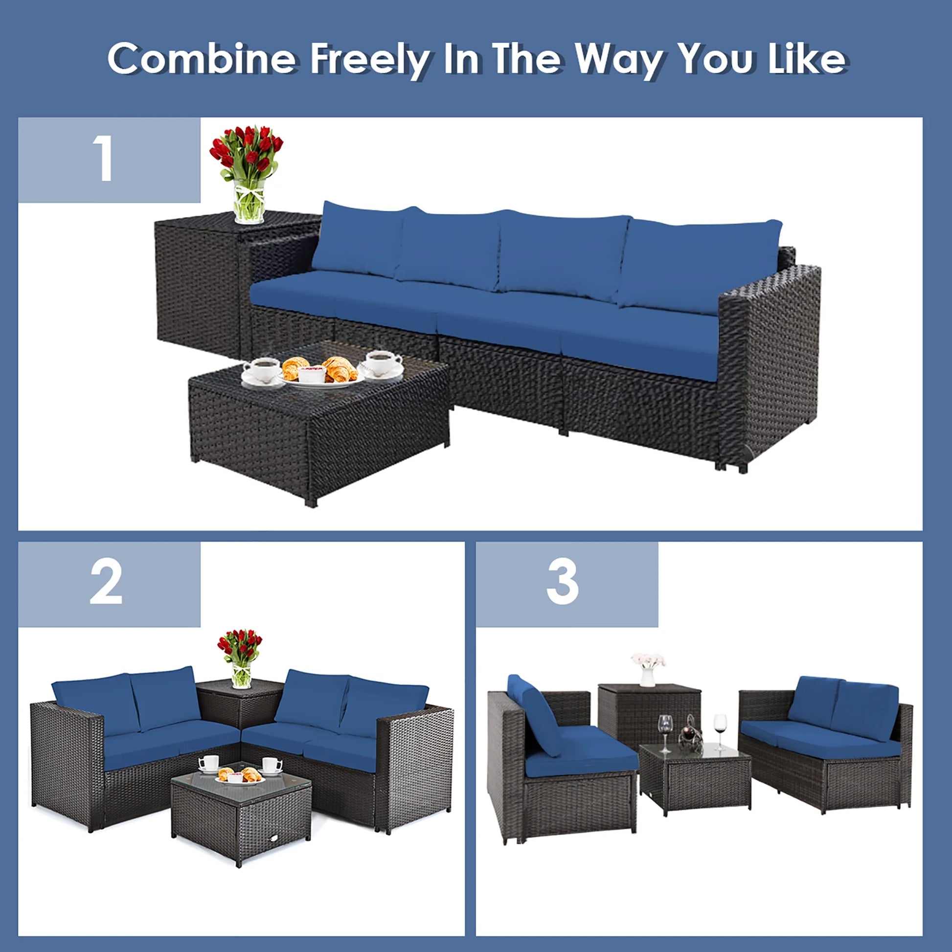 4PCS Patio Rattan Furniture Set Cushioned Loveseat Storage Table Navy