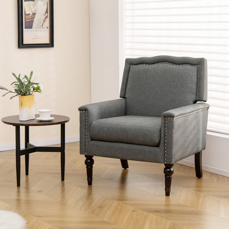 Mid-Century Modern Armchair Linen Fabric Upholstered Accent Chair with Cushion