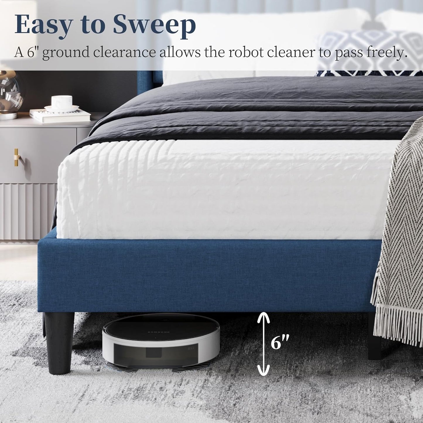 Queen Bed Frame Upholstered Platform Bed with Fabric Headboard, Wing Edge Design/Non-Slip and Noise-Free/Wooden Slats Support/No Box Spring Needed/Easy Assembly, Navy Blue Queen Bed
