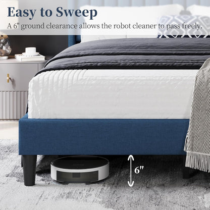 Queen Bed Frame Upholstered Platform Bed with Fabric Headboard, Wing Edge Design/Non-Slip and Noise-Free/Wooden Slats Support/No Box Spring Needed/Easy Assembly, Navy Blue Queen Bed