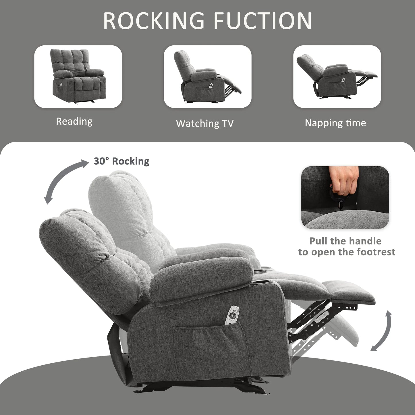 Manual Recliner Chair with Heat Therapy and Massage Function, Heavy Duty Reclining Mechanism Massage Chair, Elderly Single Rocker Sofa with Cup Holders for Bedroom Home Theater,Grey