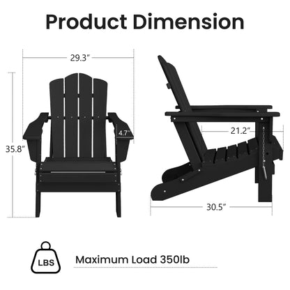 Adirondack Chair, Plastic Folding Outdoor Patio Lawn Chairs, outside HDPE Chairs for Lawn, Yard, Black