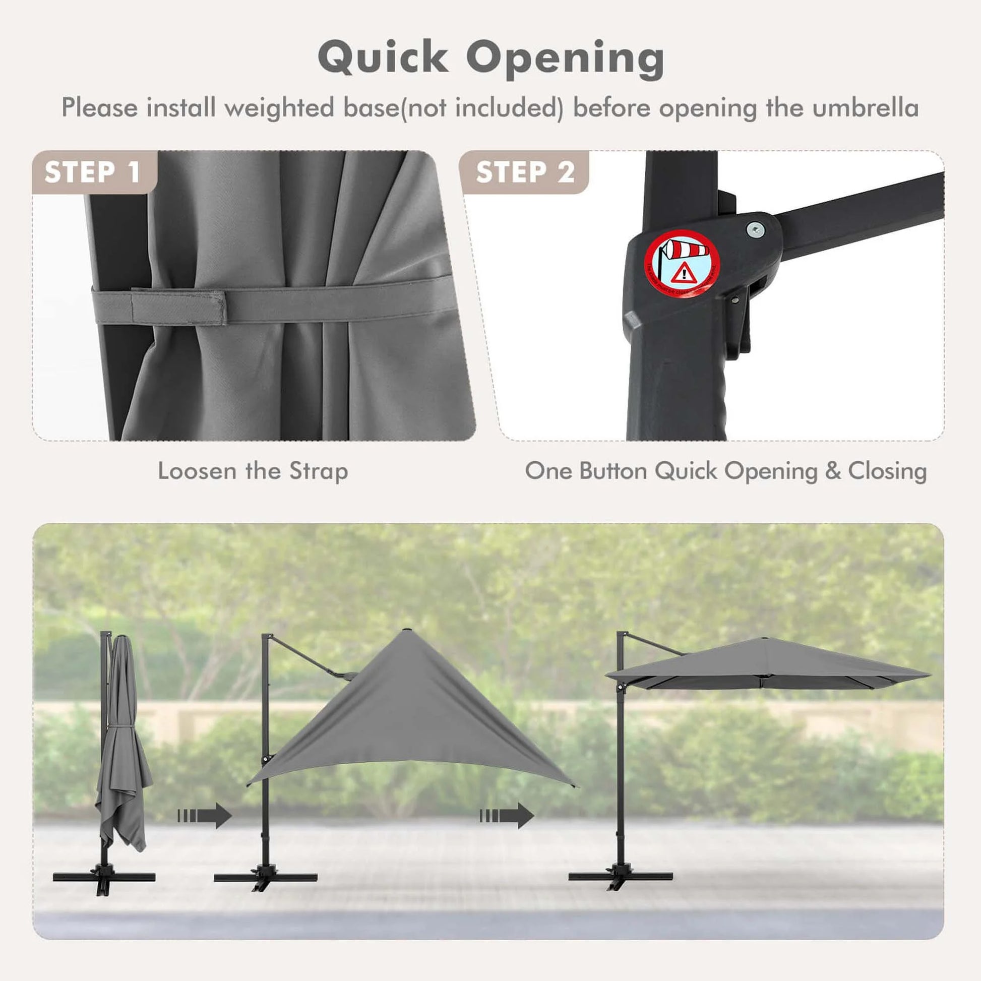 Patio 9.5FT Square Cantilever Offset Hanging Umbrella 2-Tier 360° Outdoor Gray