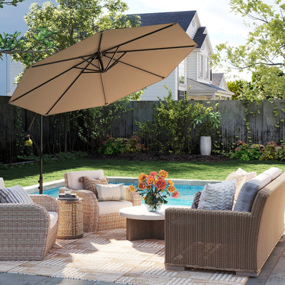 10' Hanging Umbrella Patio Sun Shade Offset Garden Market W/ T Cross Base Tan