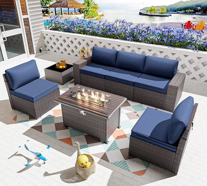 7 Pieces Outdoor Patio Furniture Set with 43" Fire Pit Table Sets Outdoor Furniture Patio Conversation Set (Grey)