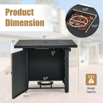 32'' Square Propane Gas Fire Pit Table with Glass Stones Rain Cover 50,000 BTU