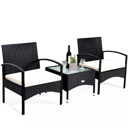 Costway 3 PCS Furniture Set Table & 2 Chair Patio Wicker Rattan W/Cushion