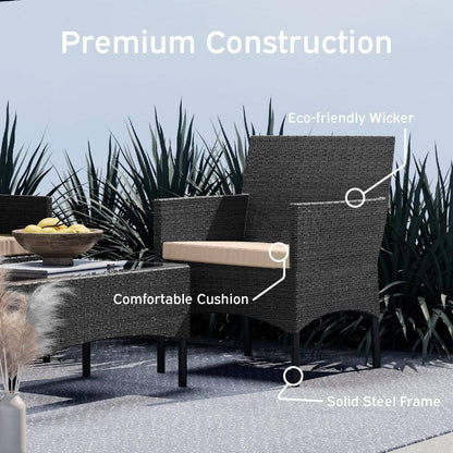 4-Piece Black Patio Outdoor Furniture Wicker Conversation Set with Beige Cushions, 1-Loveseat, 2-Chairs and Coffee Table