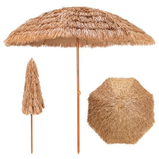 8 FT Patio Thatched Tiki Umbrella 8 Ribs Portable Hawaiian Hula Beach