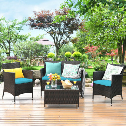4PCS Rattan Patio Furniture Set Cushioned Sofa Chair Coffee Table Navy