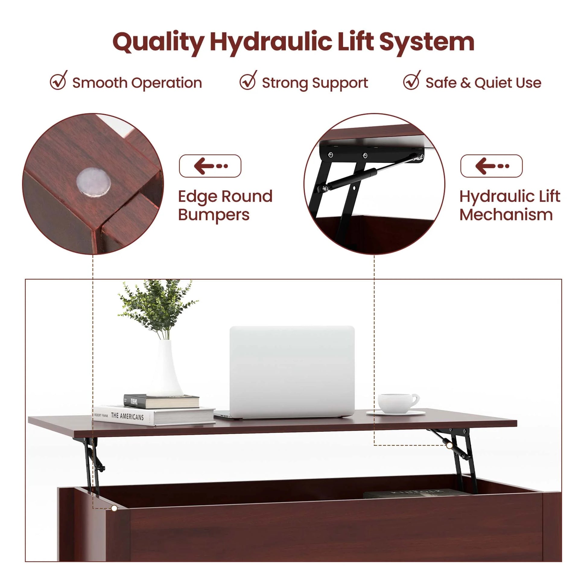 Lift Top Coffee Table W/ Hidden Compartment and Storage Shelves Modern Furniture Brown
