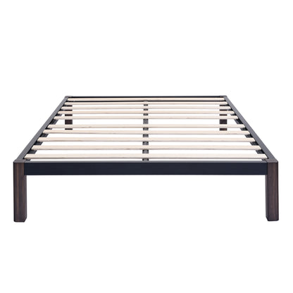 Queen 14" Metal Platform Bed Frame with Wood Slats, Storage Space under Frame, No Box Spring Required, Black/Wood