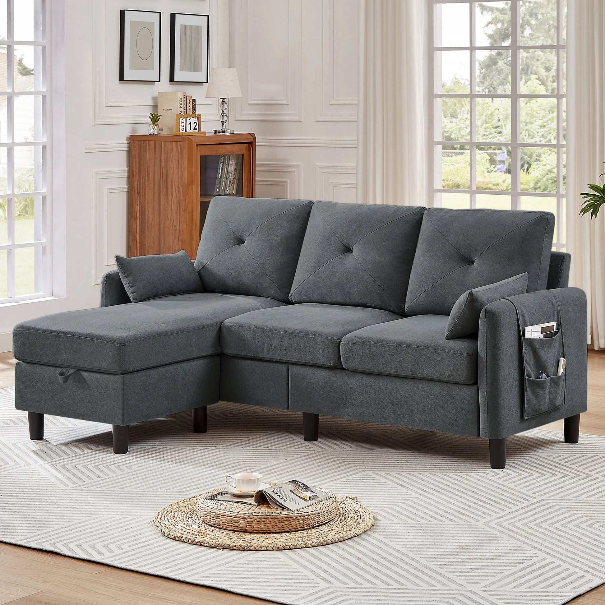Convertible Sectional Sofa L Shaped Sofa Modern Fabric 3 Seat Couch with Reversible Storage Ottoman and Side Storage Pocket for Living Room Office Apartment Studio
