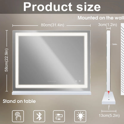32''X23'' Vanity Mirror with Lights Bluetooth Tabletop Wall Mount Metal White