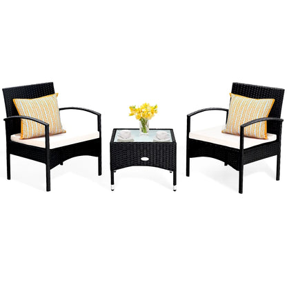 3 PCS Furniture Set Table & 2 Chair Patio Wicker Rattan W/Cushion