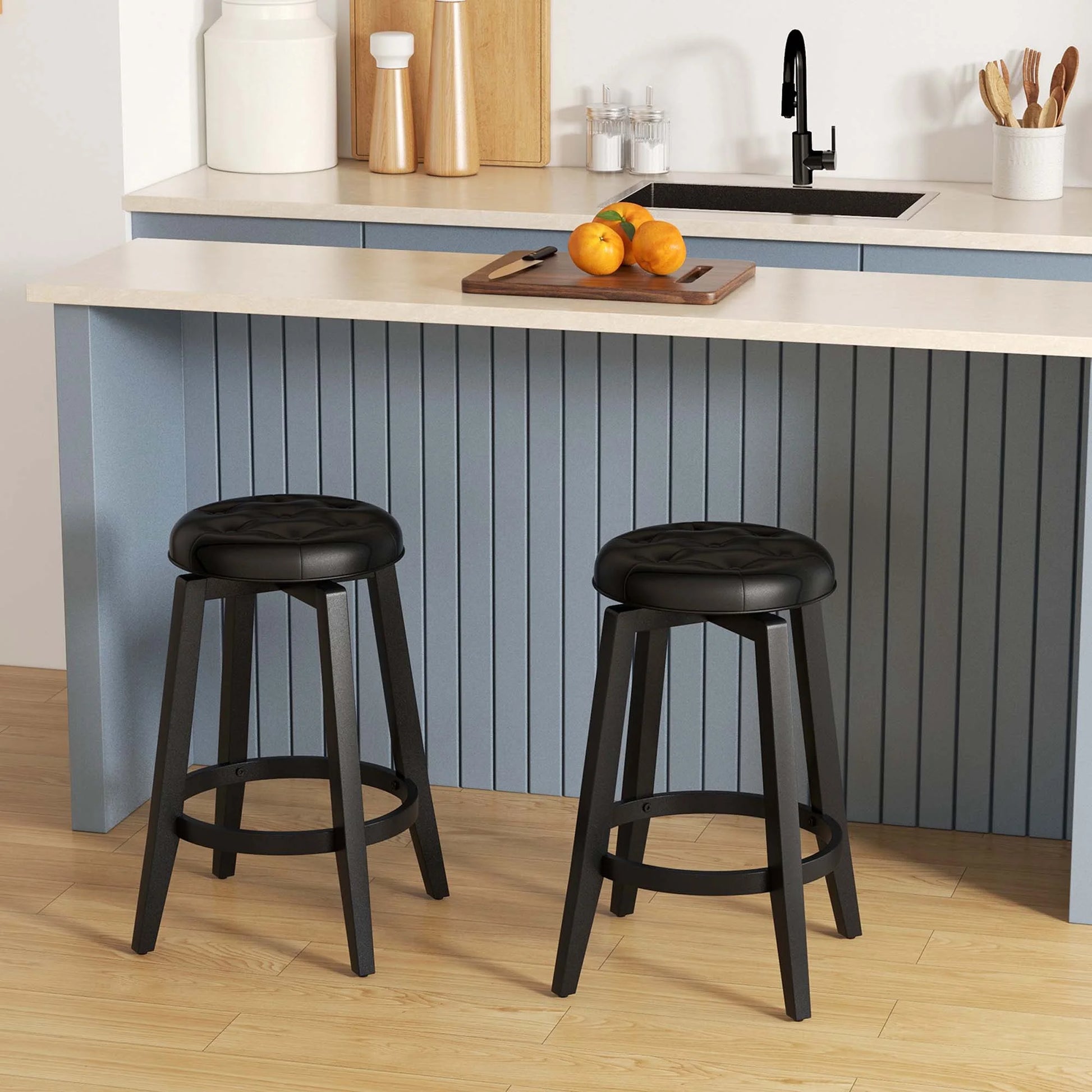 26" Swivel Bar Stool Set of 2 Upholstered Counter Height Rubber Wood Frame Black