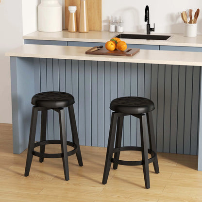 26" Swivel Bar Stool Set of 2 Upholstered Counter Height Rubber Wood Frame Black
