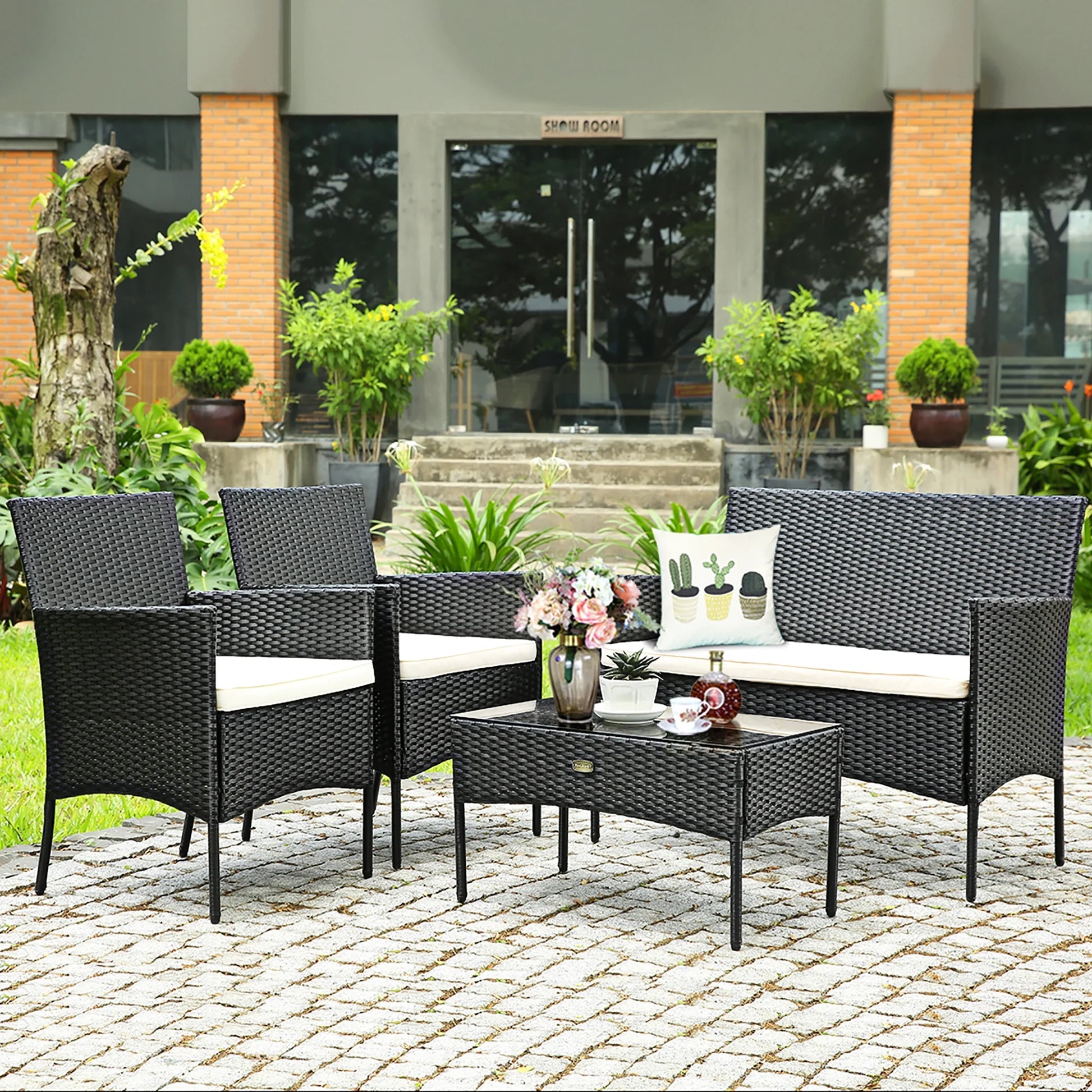 4PCS Patio Rattan Furniture Set Cushioned Sofa Coffee Table Backyard Porch White