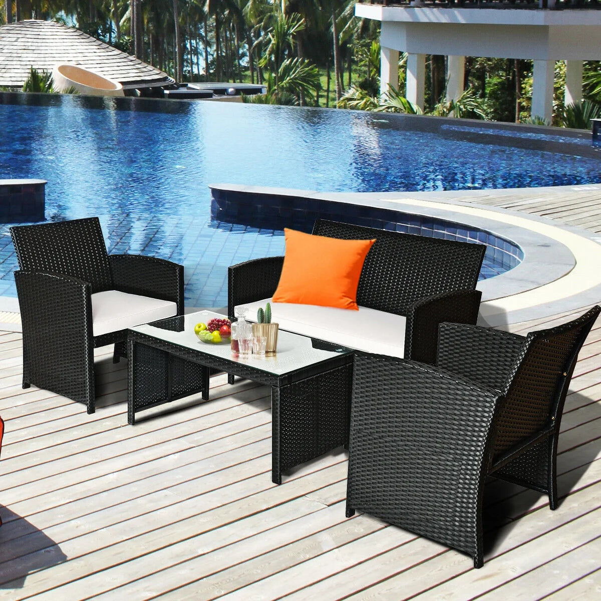 4-Piece Rattan Outdoor Conversation Set with Sofa and Coffee Table, Black