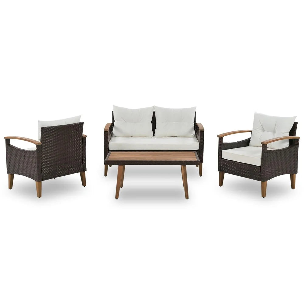 4-Piece Patio Seating Set, Patio Furniture Set, Patio Furniture Set, Wicker Garden Furniture with Wood Table and Legs, PE Rattan Outdoor Sofa Set for Balcony, Beige