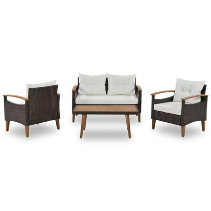 4-Piece Patio Seating Set, Patio Furniture Set, Patio Furniture Set, Wicker Garden Furniture with Wood Table and Legs, PE Rattan Outdoor Sofa Set for Balcony, Beige