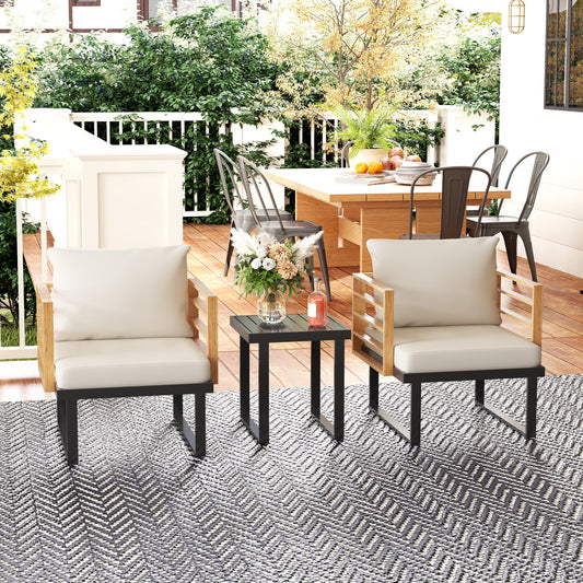 3 Pieces Outdoor Bistro Set, Metal Patio Furniture with Cushions, Armchairs and Slatted Table, Small Patio Set for Balcony, Porch, Beige