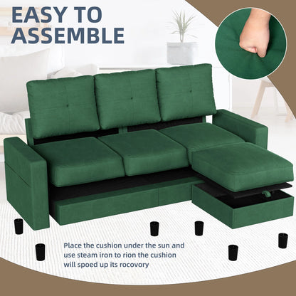 Convertible Sectional Sofa Couch, Modern Linen Fabric L-Shaped 3-Seat Sofa Sectional with Reversible Chaise for Small Space (Green)