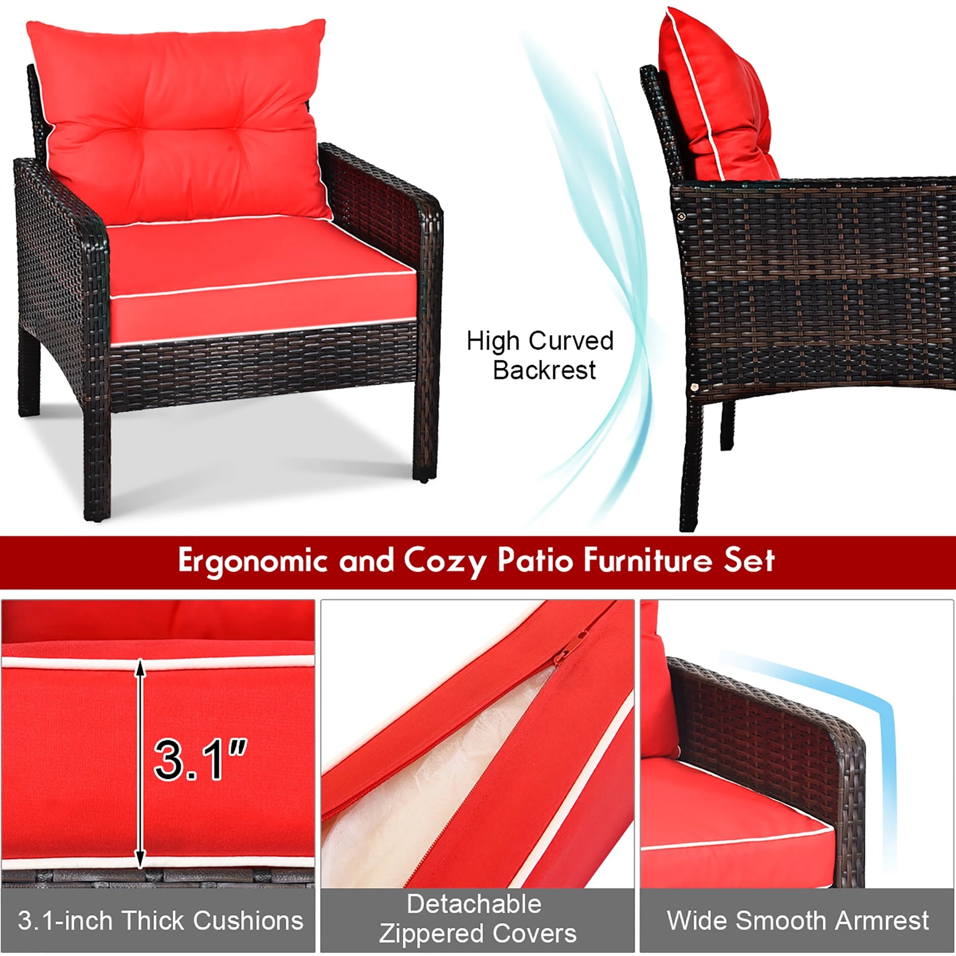 5 PCS Patio Rattan Furniture Set Sofa Ottoman Table Cushioned Yard Red