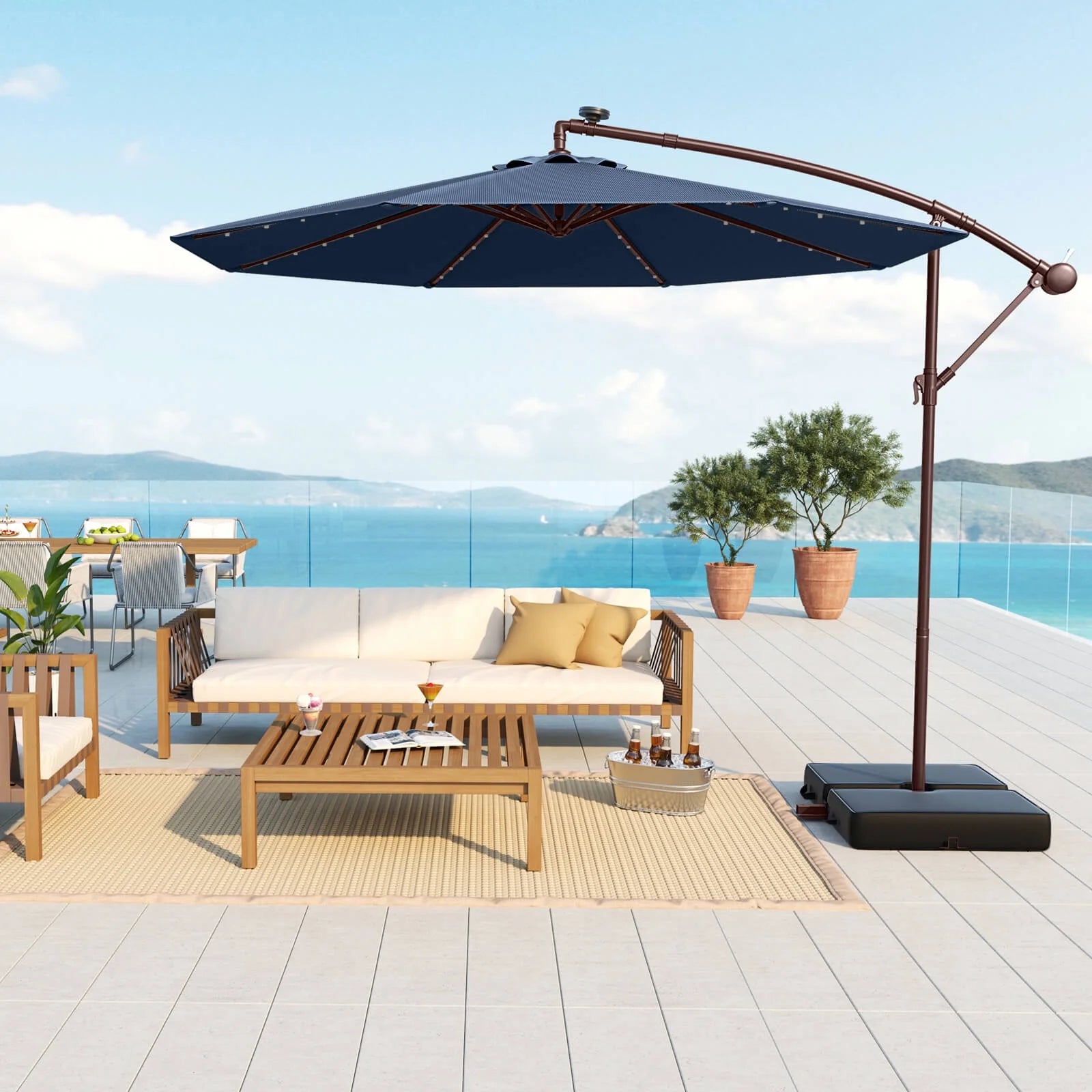 98.40" Navy Cantilever Patio Umbrella, Base-Included