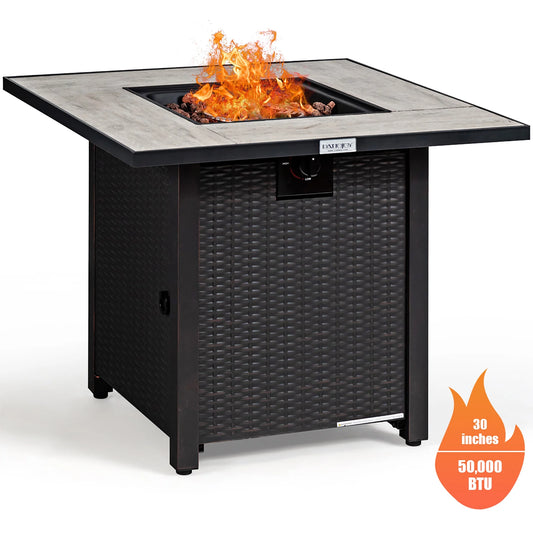 30'' Square Propane Gas Fire Pit Table Ceramic Tabletop 50,000 BTU with Cover