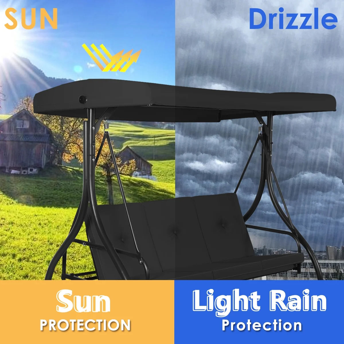 Converting Outdoor Swing Canopy Hammock 3 Seats Patio Deck Furniture Black