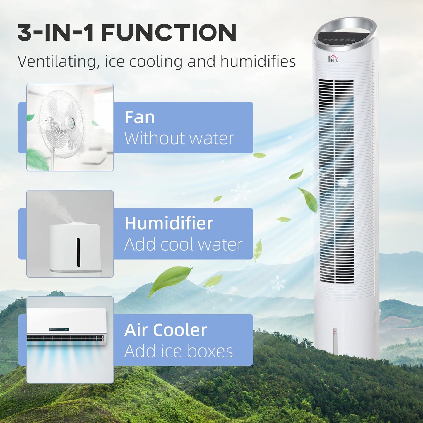 40" Portable Oscillating Air Cooler Fan for Home Office, 3-In-1 Standing Ice Floor Fan with Humidifier, 3 Modes, 3 Speeds, 8H Timer, Remote, LED Display, White