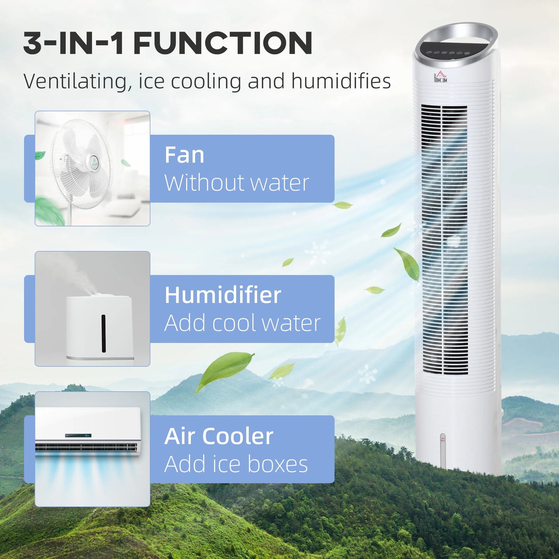 40" Portable Oscillating Air Cooler Fan for Home Office, 3-In-1 Standing Ice Floor Fan with Humidifier, 3 Modes, 3 Speeds, 8H Timer, Remote, LED Display, White