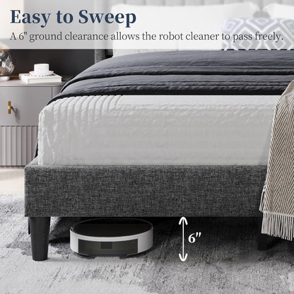Queen Bed Frame Upholstered Platform Bed with Fabric Headboard, Wing Edge Design/Non-Slip and Noise-Free/Wooden Slats Support/No Box Spring Needed/Easy Assembly, Dark Gray Queen Bed