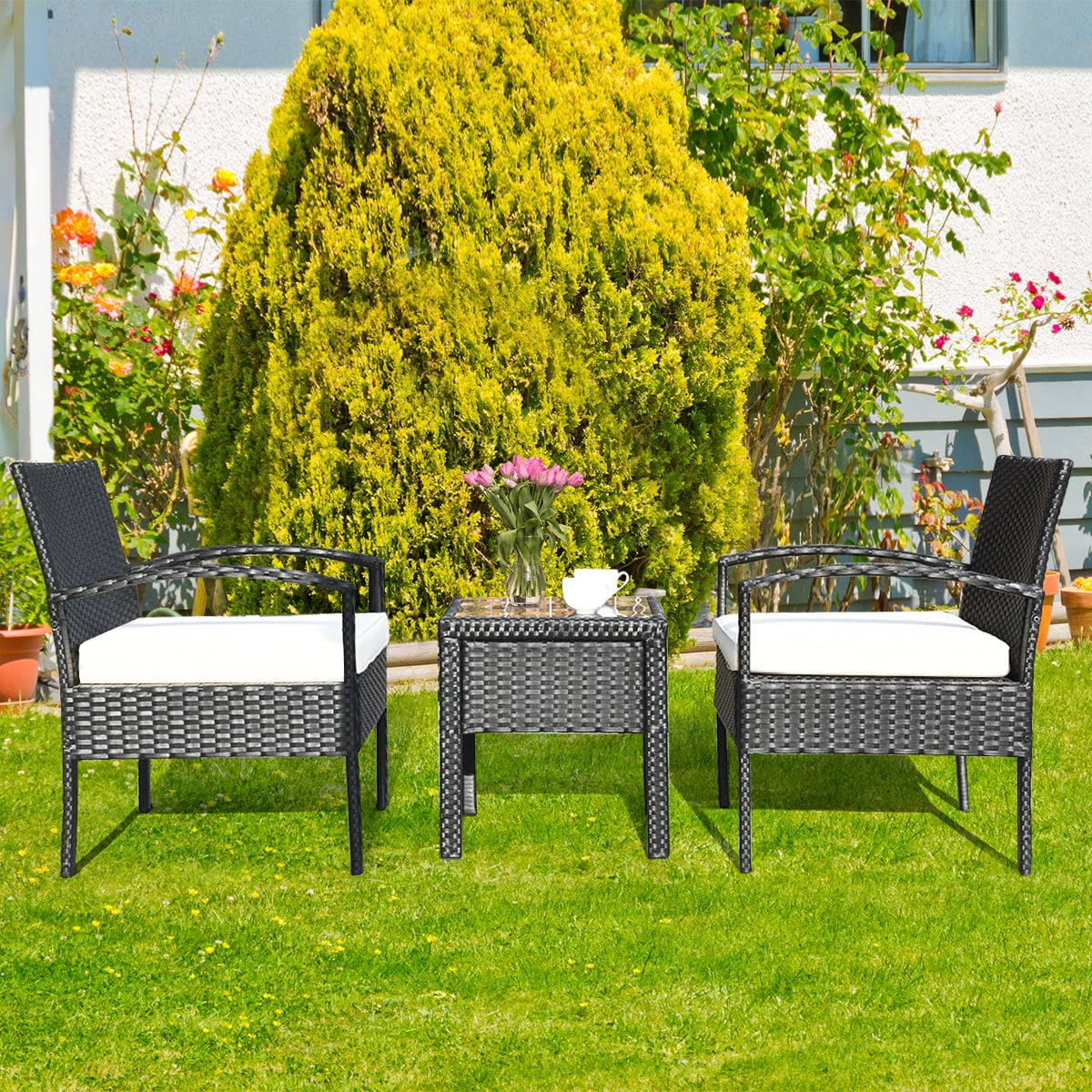 Cushioned Outdoor Wicker Rattan Chair Set Patio Furniture Backyard Seat