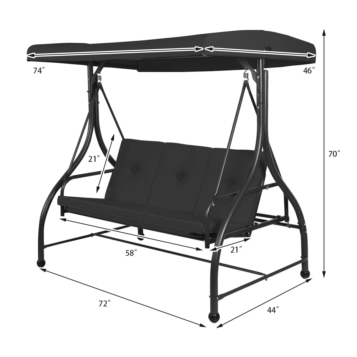Converting Outdoor Swing Canopy Hammock 3 Seats Patio Deck Furniture Black