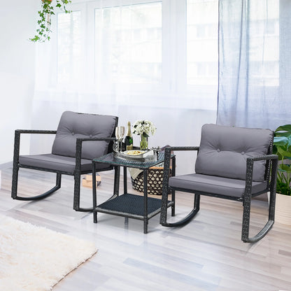 3PCS Patio Rattan Furniture Set Rocking Chairs Cushioned Sofa Gray