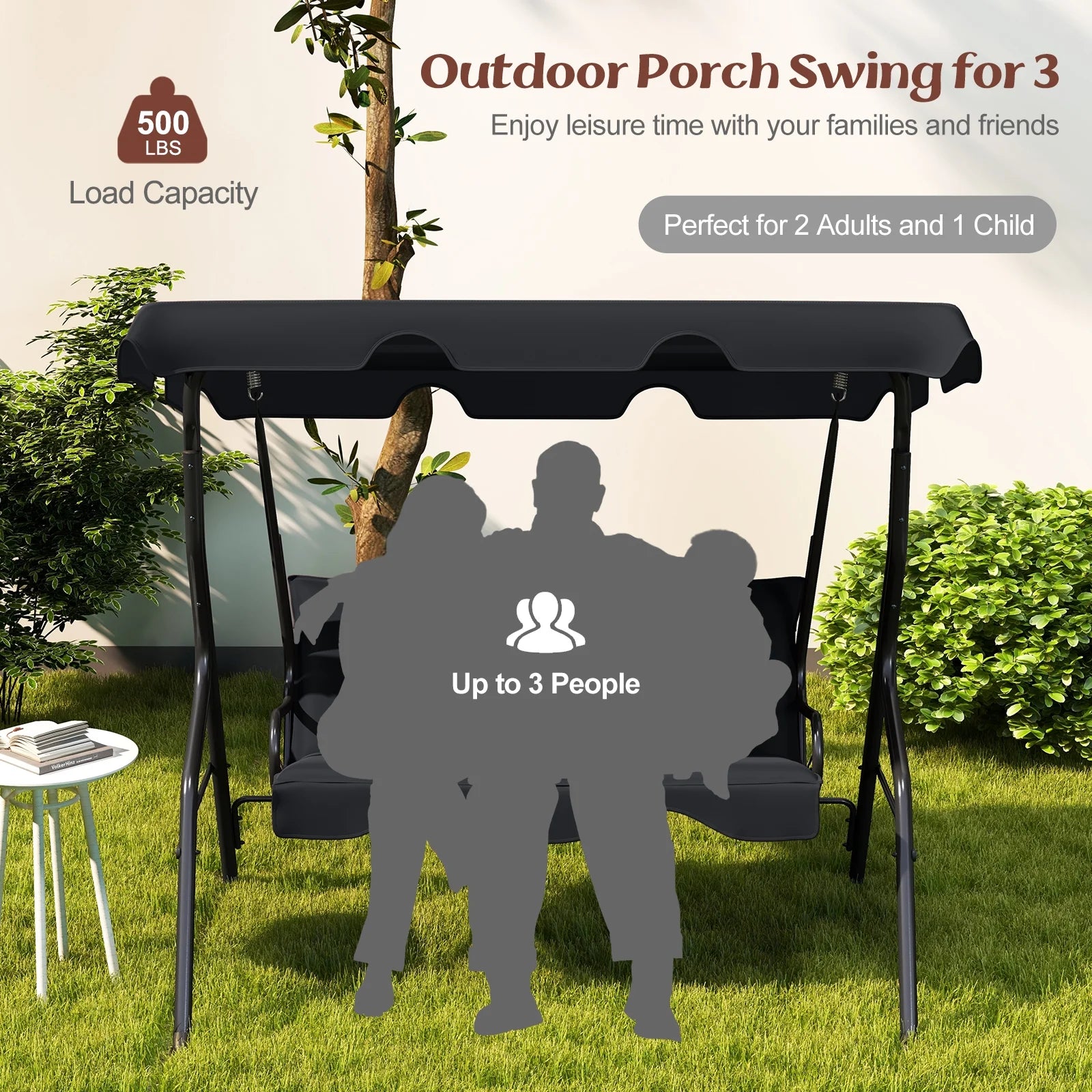 Patio 3 Seats Canopy Porch Swing Glider Hammock Cushioned Steel Frame Outdoor Black