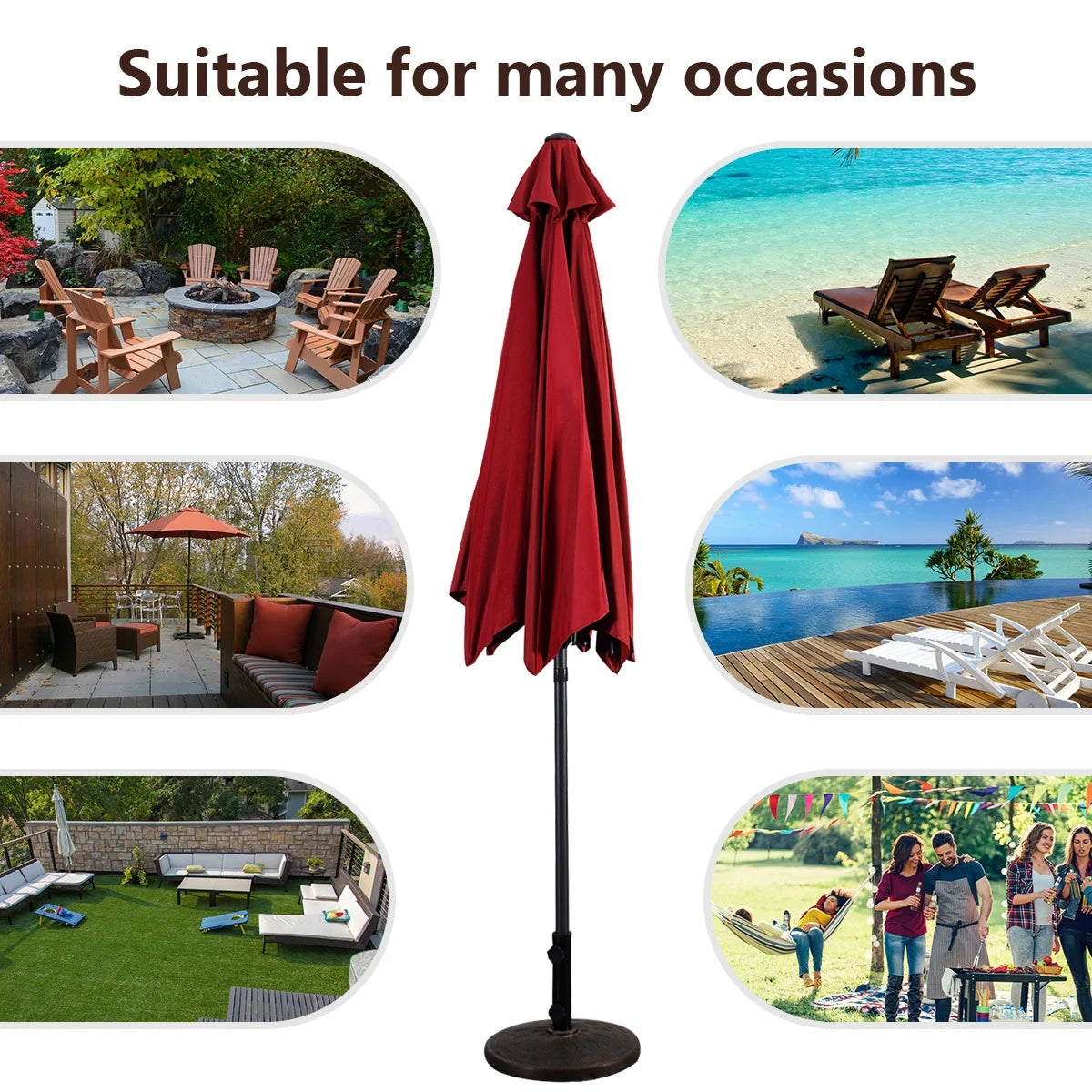 96" Burgundy Solid Print Hexagon Market Patio Umbrella, UV Protective