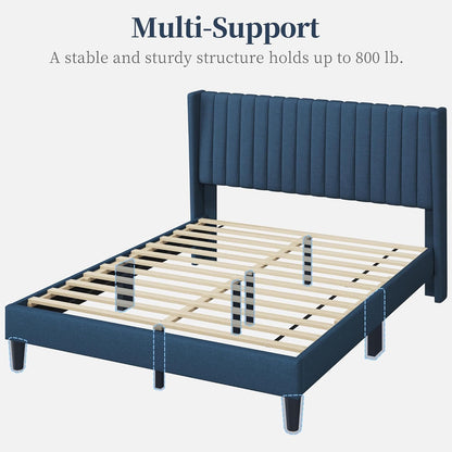 Queen Bed Frame Upholstered Platform Bed with Fabric Headboard, Wing Edge Design/Non-Slip and Noise-Free/Wooden Slats Support/No Box Spring Needed/Easy Assembly, Navy Blue Queen Bed