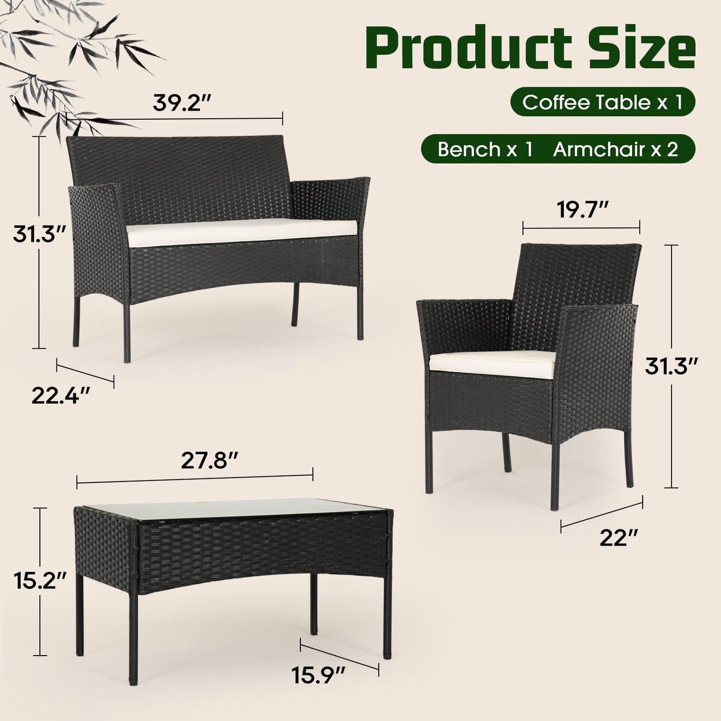 | 4-Piece Patio Furniture Set | Black | Outdoor Wicker Furniture with Coffee Table | Modern Rattan Chairs Conversation Set | Outdoor Seating | Weather-Resistant | for Porch, Garden, Lawn