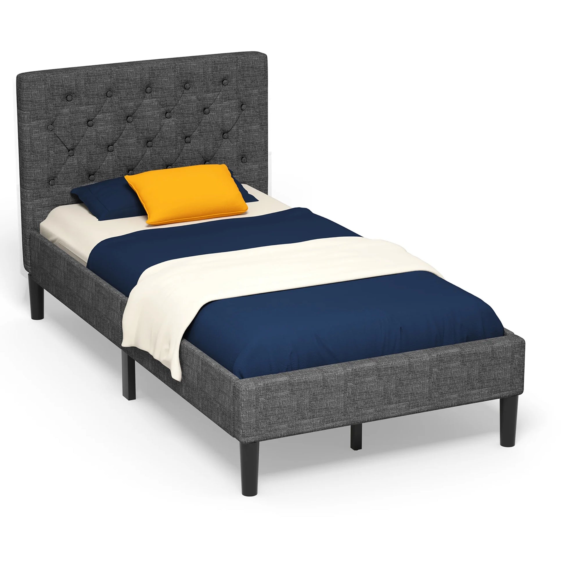 Twin Upholstered Bed Frame Diamond Stitched Headboard Wood Slat Support