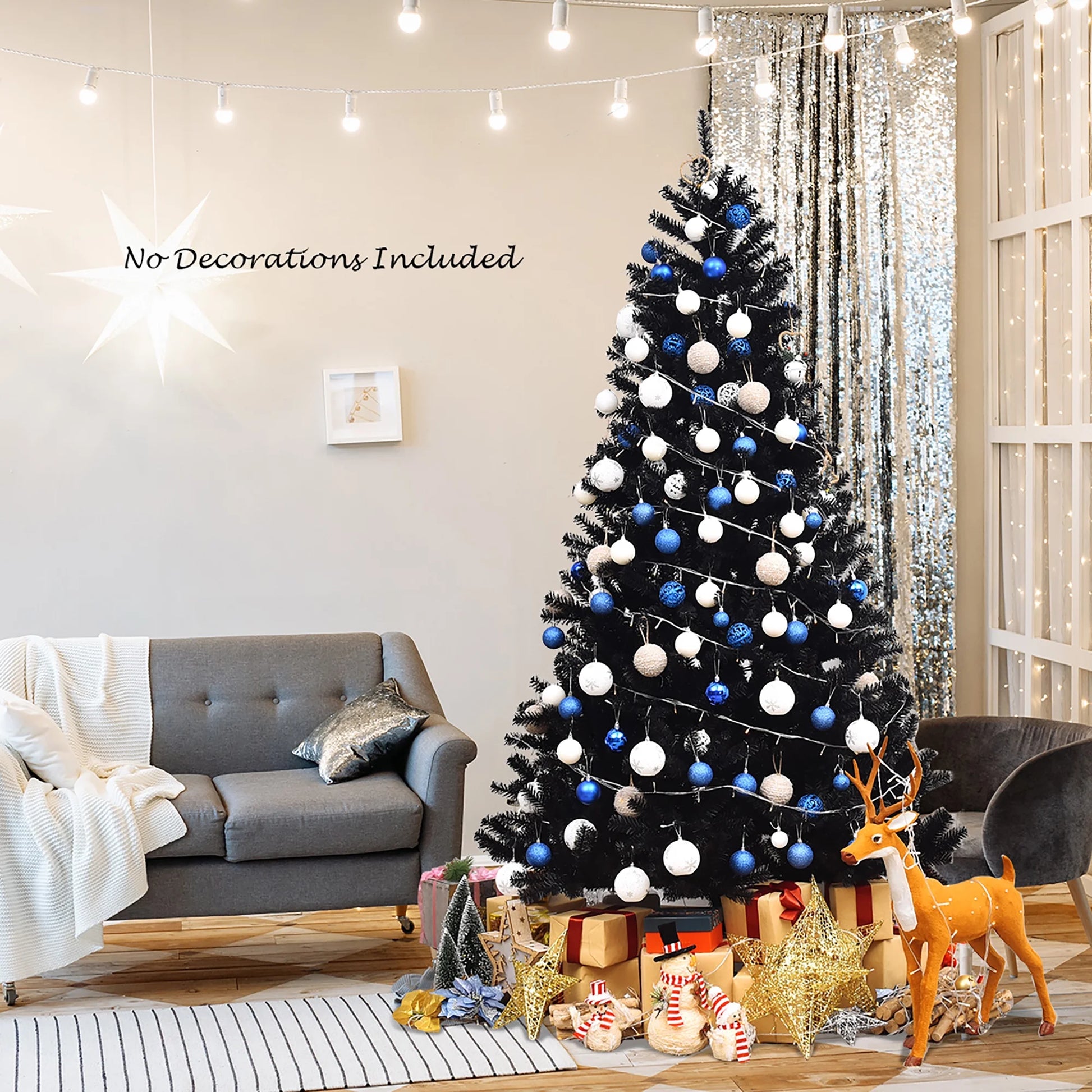 7.5Ft Hinged Artificial Christmas Tree Full Tree W/ Metal Stand Black