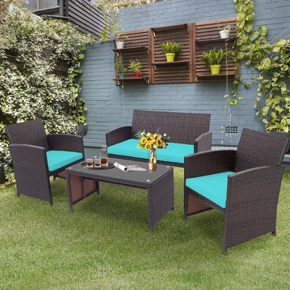 4PCS Patio Rattan Furniture Set Cushioned Chair Sofa Coffee Table Turquoise