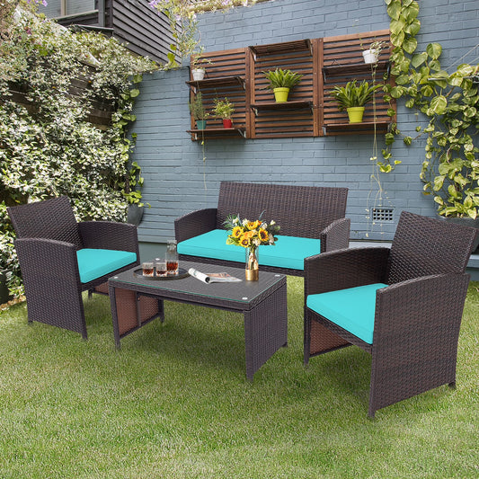 4PCS Patio Rattan Furniture Set Cushioned Chair Sofa Coffee Table Turquoise