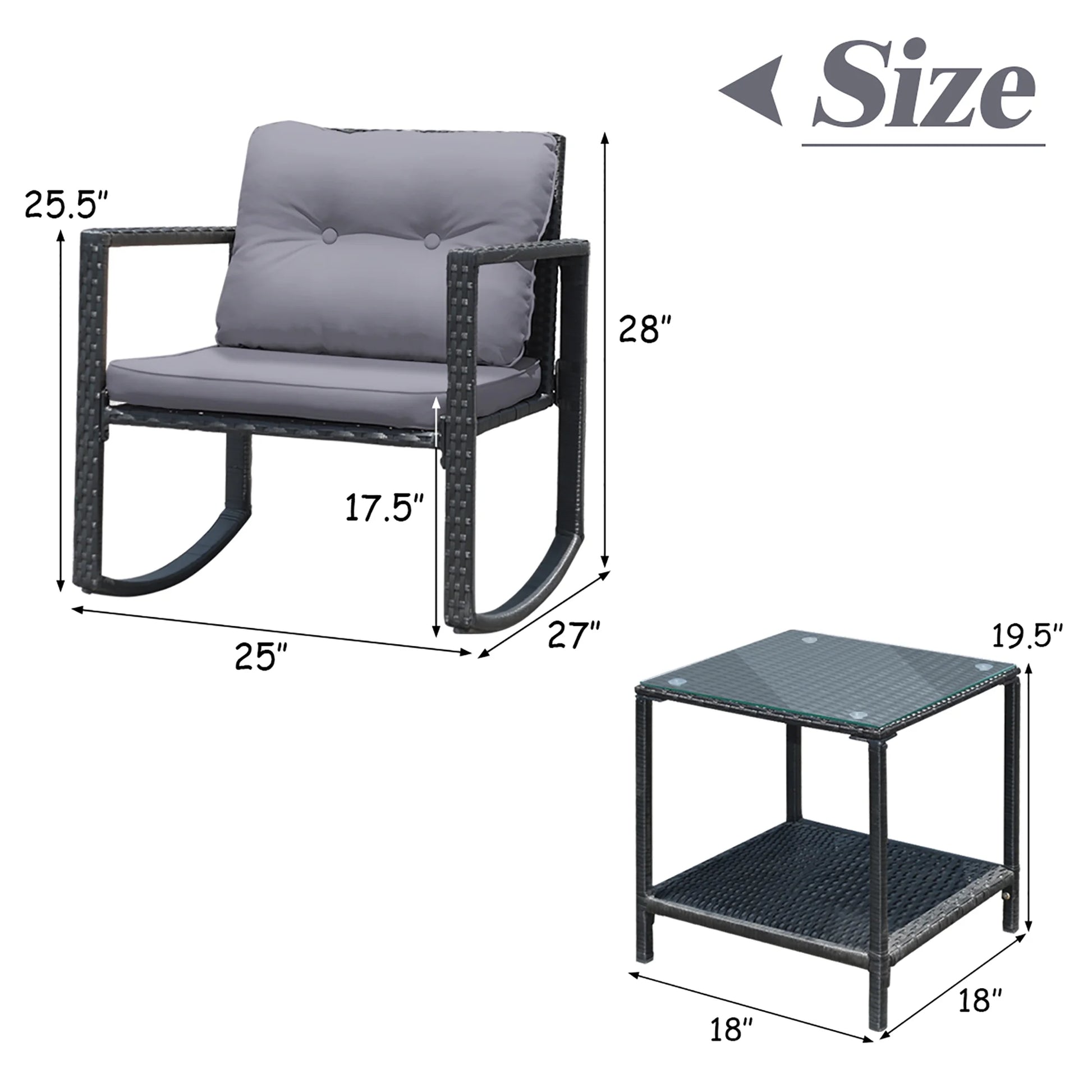 3PCS Patio Rattan Furniture Set Rocking Chairs Cushioned Sofa Gray